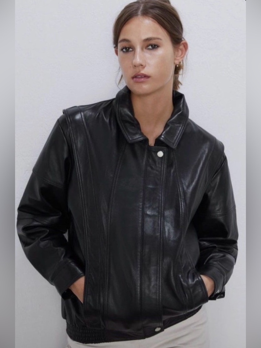 Zara Black Leather Bomber Jacket with Stitched Paneling